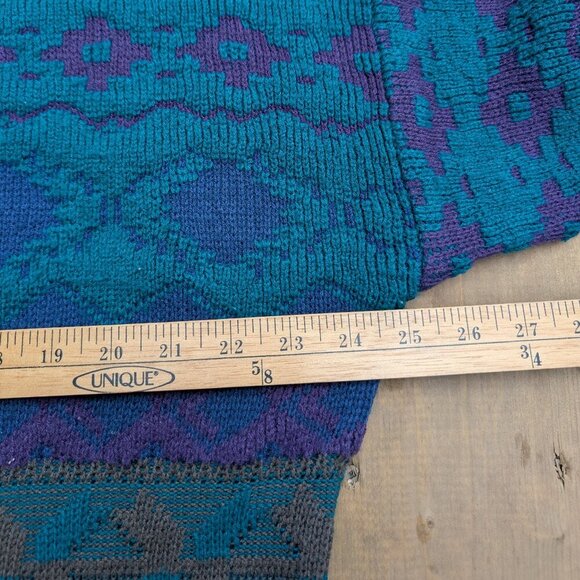 Vintage 90s Intermission Aztec Geometric Knit Sweater - Teal Purple Blue XL - Picture 5 of 8